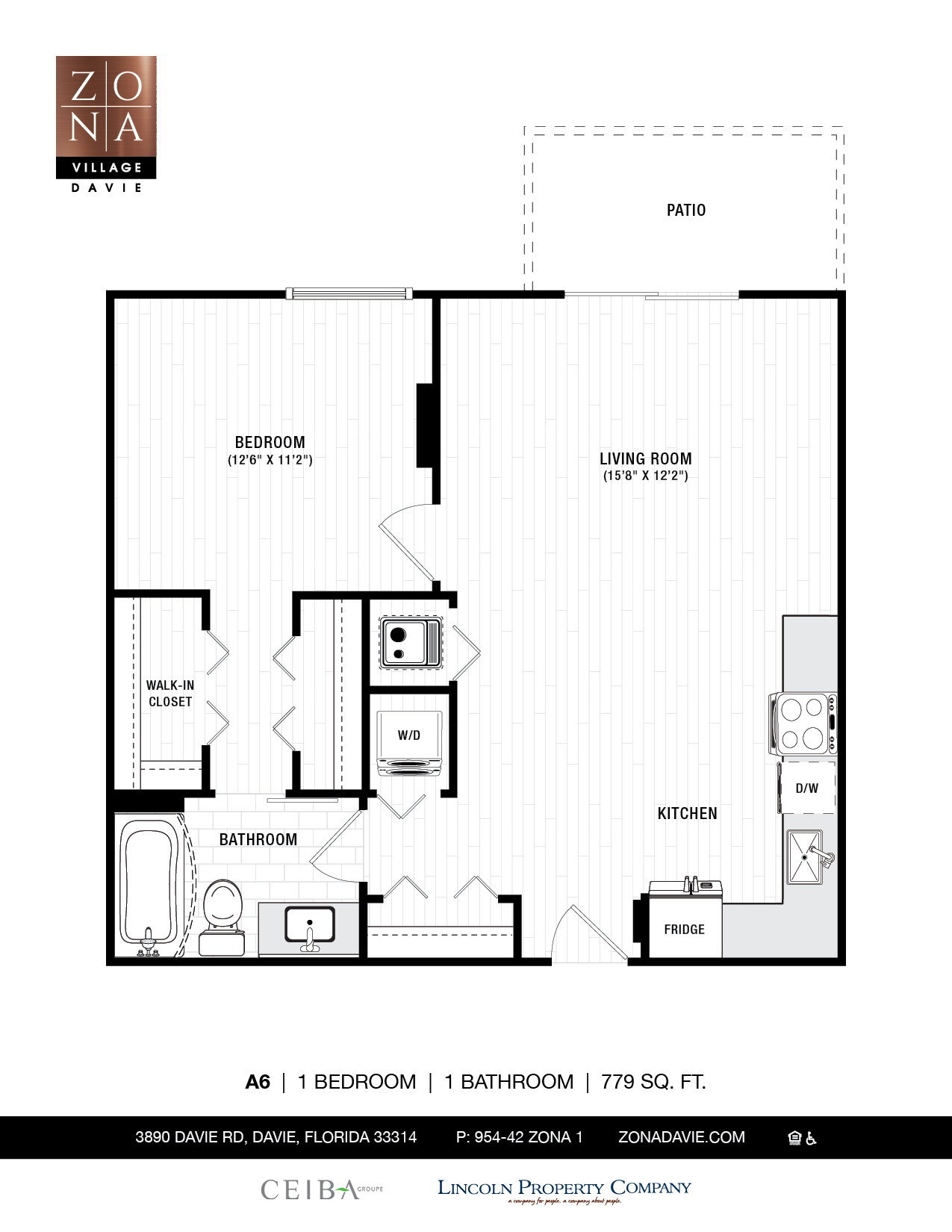 Floor plan for 1 bed, 1 bath, 779 sqft